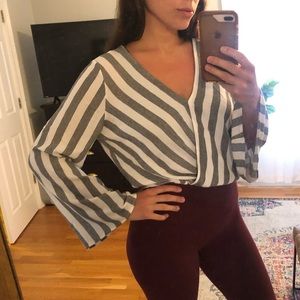 Cropped Striped Wrap Blouse